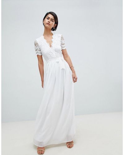 Club L Short Sleeve Crochet Lace Maxi Dress With V Neck - White