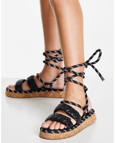 Missguided Rope Tie Up Quilted Flat Sandals - Black