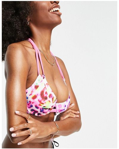 Figleaves Coppe grandi - top bikini allacciato al collo rosa con stampa leopardata - Marrone