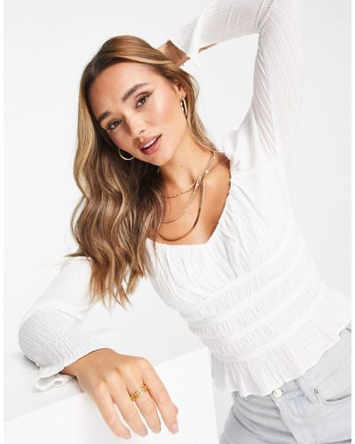 TOPSHOP Sweetheart Neck Textured Long Sleeve Top - White