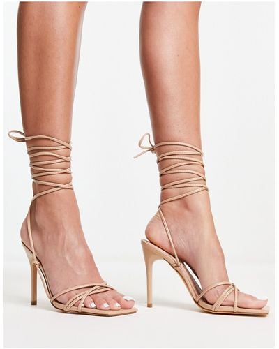 Truffle Collection Tie Leg Stilletto Heeled Sandals With Square Toe - Pink