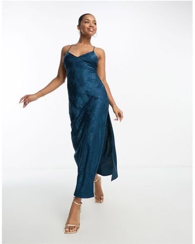 Miss Selfridge Satin Jacquard Lace Back Maxi Dress - Blue
