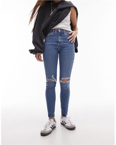 TOPSHOP High Rise Jamie Jeans With Rips - Blue