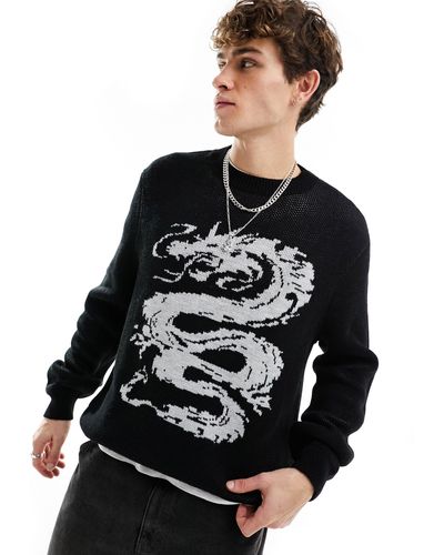 ASOS Relaxed Knitted Crew Neck Sweater With Dragon Pattern - Black