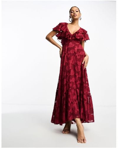 ASOS V Front V Back Ruffle Maxi Dress With Flutter Sleeve And Tie Back - Red