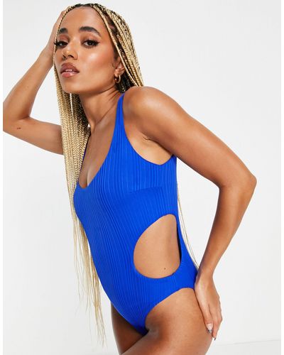 AsYou Strappy Cut Out Rib Swimsuit - Blue