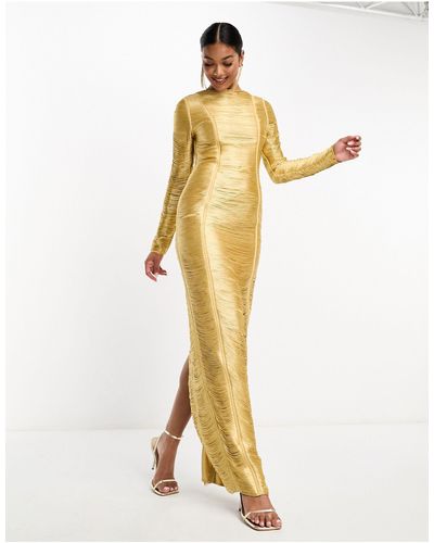 ASOS Vestito lungo dorato a maniche lunghe con frange - Metallizzato