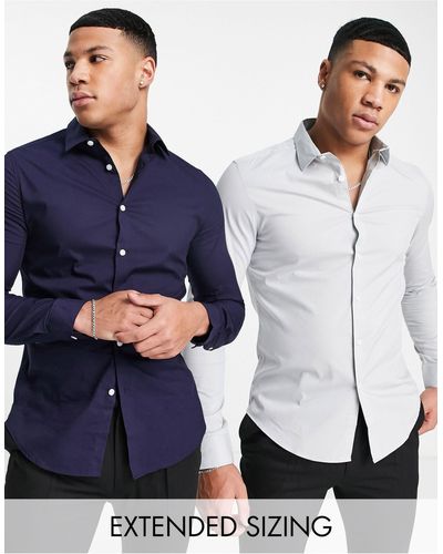 ASOS Confezione da 2 camicie stretch slim fit blu navy e grigia - risparmia