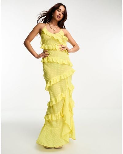 Miss Selfridge Beach Textured Chiffon Bias Ruffle Side Slit Maxi Dress - Yellow