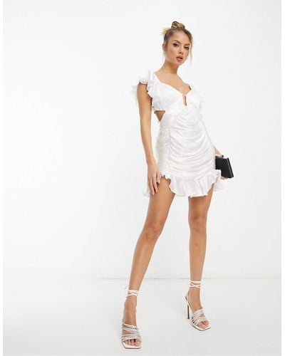ASOS Satin Corset Frill Shoulder Mini Dress With Draped Skirt - White
