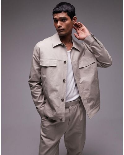 TOPMAN Smart Harrington Linen Blend Suit Jacket - Brown