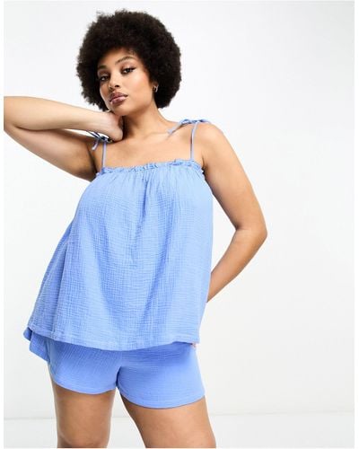 Loungeable Curve Crinkle Cotton Tie Shoulder Cami And Shorts Pajama Set - Blue