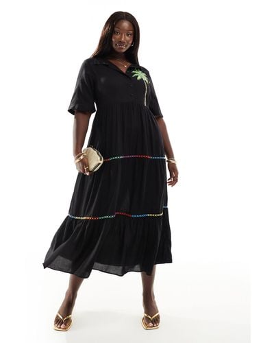 Never Fully Dressed Embroidered Contrast Stitch Midaxi Shirt Dress - Black