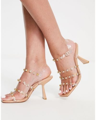 SIMMI Simmi London Panda Mid Heels With Clear Embellished Straps - Natural