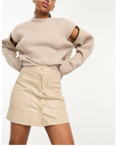 Stradivarius Faux Leather Mini Skirt With Button Front - Natural