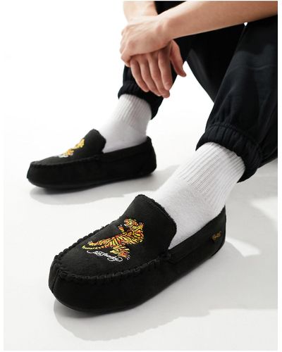Ed Hardy Moccasin Slippers With Embroidered Tiger - Black