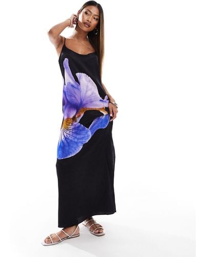 ASOS Black Satin Dress With Floral Print - Blue