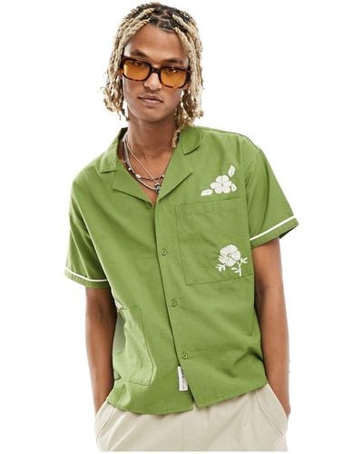 Native Youth Linen Revere Collar Short Sleeve Embroidered Shirt - Green