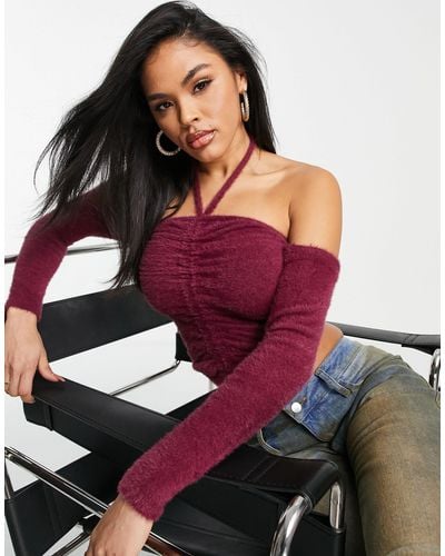 ASOS Fluffy Knitted Top With Halter Neck And Off Shoulder Detail - Purple
