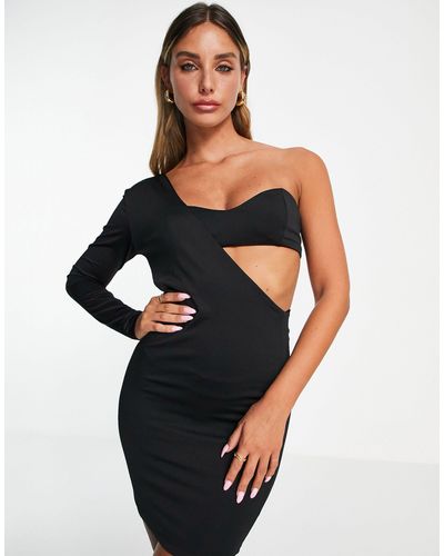 Aria Cove One Shoulder Mini Dress With Contrast Bra Detail - Black