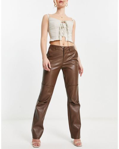 NA-KD Faux Leather Low Rise Trousers - Natural