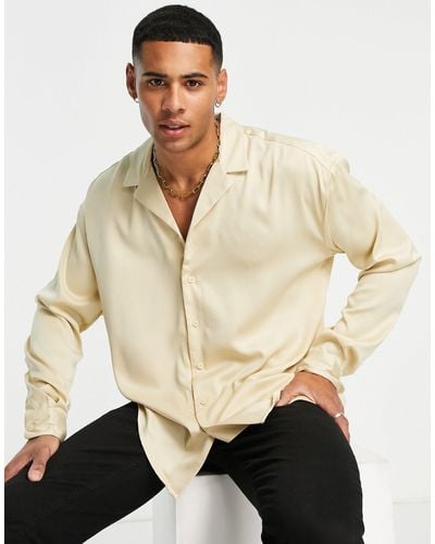 New Look Oversized Long Sleeve Satin Shirt - Natural