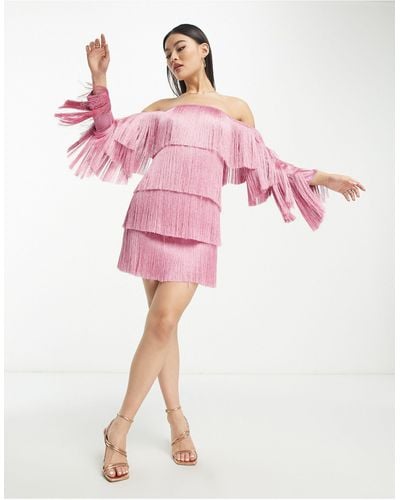 ASOS Tassled Bardot Mini Dress - Pink