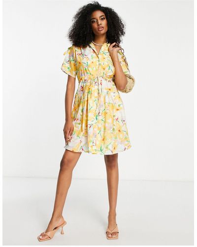 French Connection Cotton Mini Shirt Dress With Tie Waist - Yellow