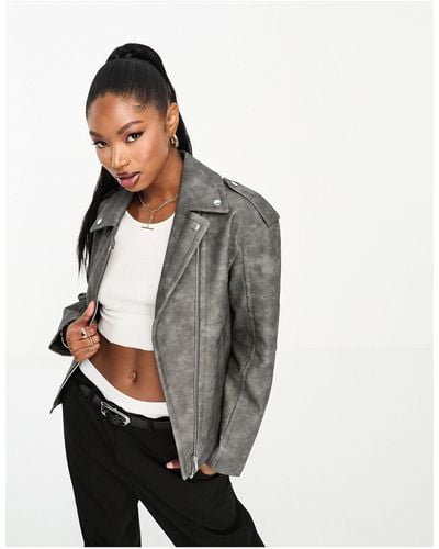 4th & Reckless Oversized Distressed Faux Leather Biker Jacket - Grey