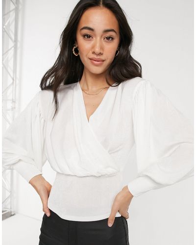 Closet Wrap Blouse Top With Volume Sleeve - White