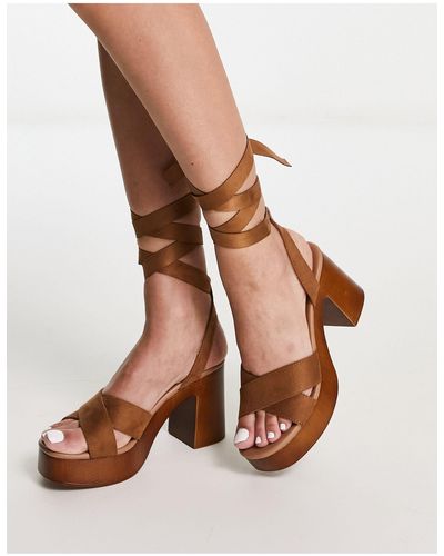 New Look Suedette Ankle Tie Platform Heeled Sandals - Natural