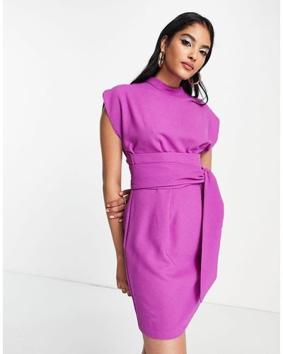 Closet Belted Tie Waist Mini Dress - Purple