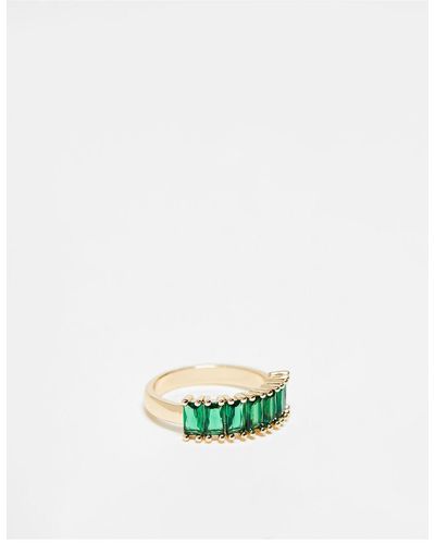 ASOS Baguette Ring With Cubic Zirconia Green Crystals - White