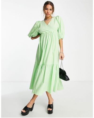 EDITED Cotton Tiered Smock Dress With Balloon Sleeves - Green