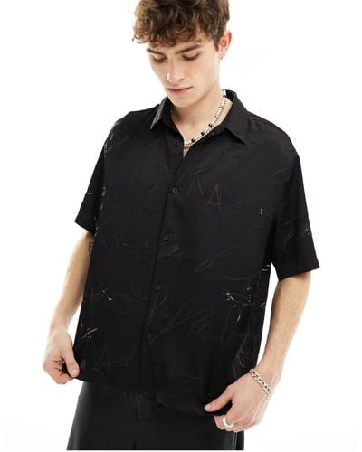 Bershka Tonal Embroidered Satin Shirt - Black