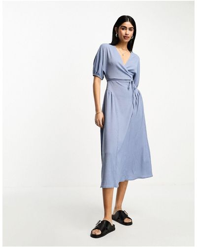 ASOS Textured Crinkle Wrap Midi Dress With Tie Side - Blue