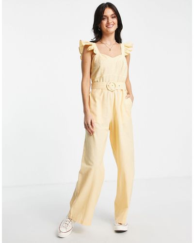 Miss Selfridge Cotton Flax Frill Strap Belted Jumpsuit - Yellow