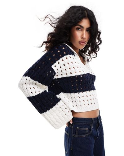 Miss Selfridge Striped Open Stitch Crochet Long Sleeve Polo Sweater - Blue