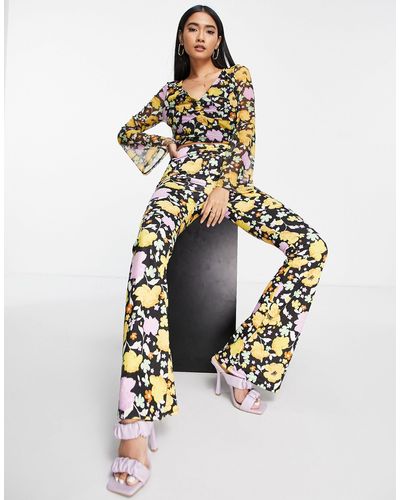 River Island Co-ord Ruched V Front Mesh Floral Flared Pants On - Yellow