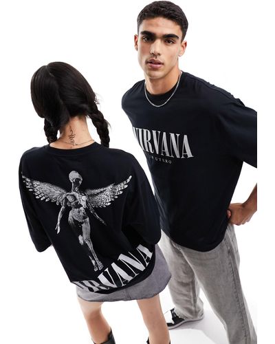 ASOS Maglietta unisex oversize nera con cappuccio e stampa dei nirvana - Nero