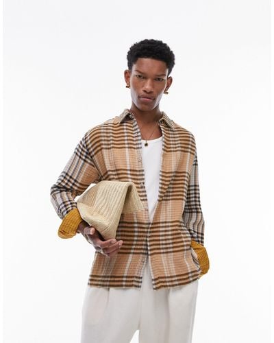 TOPMAN Long Sleeve Relaxed Textured Checked Shirt - Natural