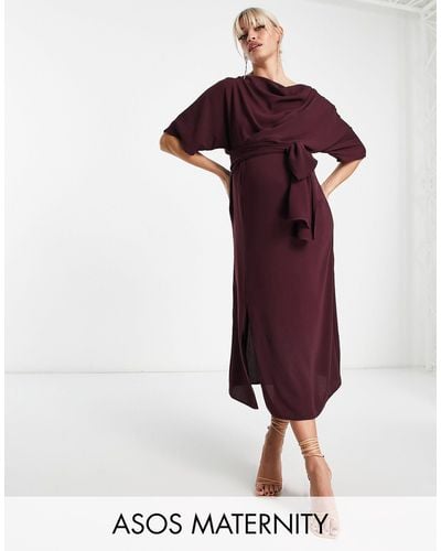 ASOS Asos Design Maternity Cowl Neck Midi Dress With Tie Waist - Red