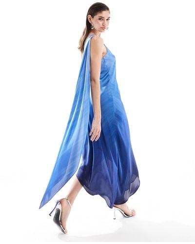 Mango One Shoulder Satin Midi Dress - Blue