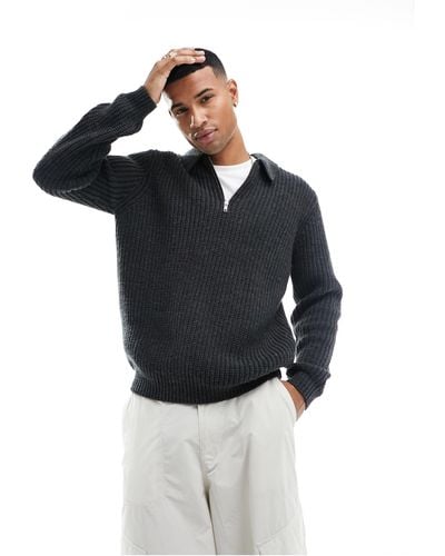 ASOS Heavyweight Wool Mix Rib 1/4 Zip Sweater - Black