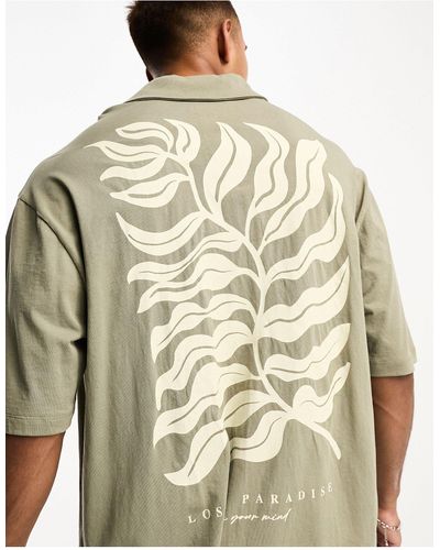 SELECTED Revere Collar Oversized Shirt With Back Print - Natural