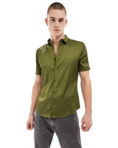 ASOS Skinny Satin Shirt With Roll Sleeve - Green