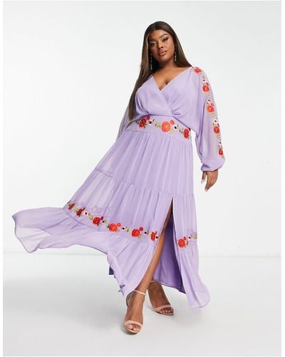 ASOS Asos Design Curve V Neck Batwing Chiffon Maxi Dress With Embroidery Detail - Purple