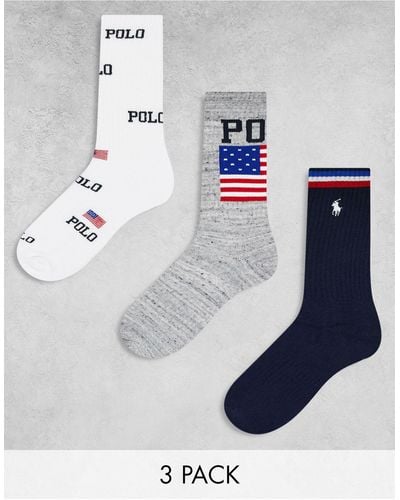 Polo Ralph Lauren 3 Pack Sport Socks With All Over Logo Flag - Grey