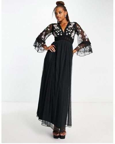 Frock and Frill Embroided Maxi Dress With Lace Detail - Black