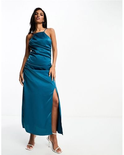Y.A.S Bridesmaid Satin Cami Maxi Dress With Ruching Detail - Blue